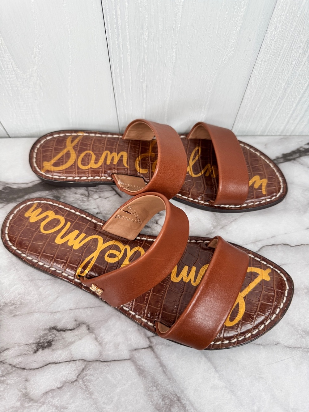Sam Edelman Gala Double Strap Slide Sandals Cognac Leather Croc Embossed Size 8